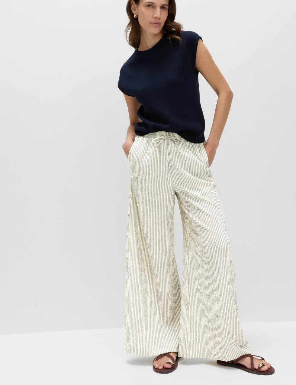 Seersucker Pull On Wide Leg Trousers
