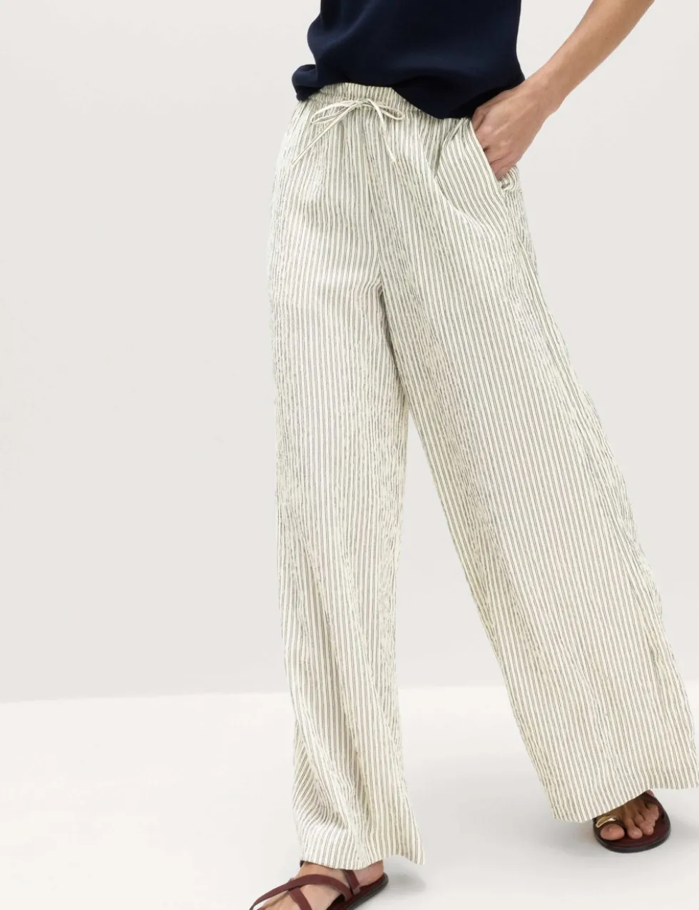 Seersucker Pull On Wide Leg Trousers