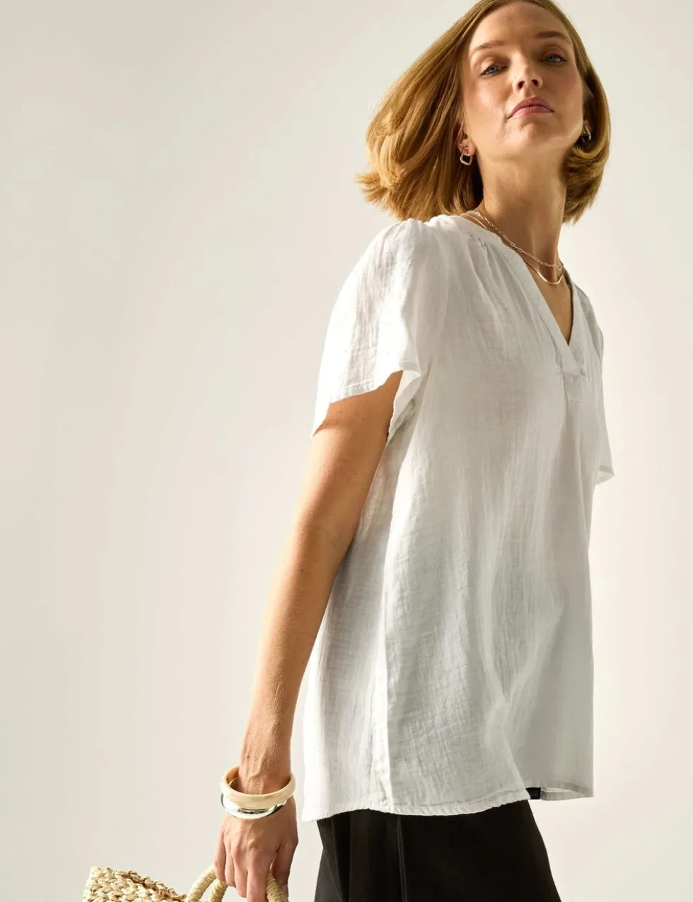 Selen Pure Cotton V-Neck Popover Blouse