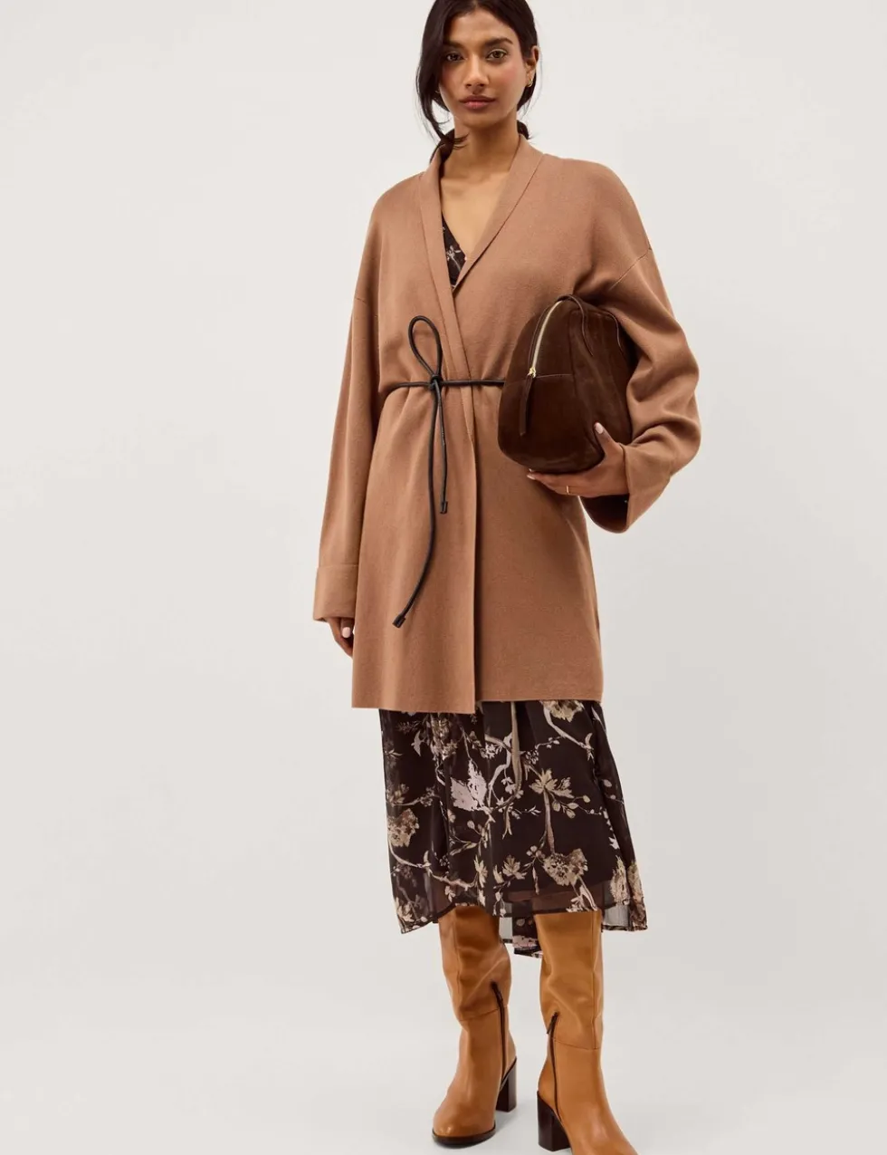 Shawl Collar Tie Waist Longline Cardigan