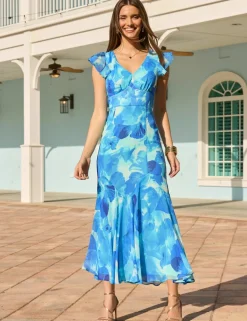 Sheer Floral V-Neck Empire Line Midi Waisted Dress