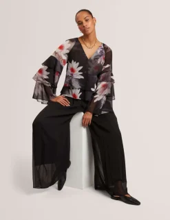 Sheer Pleated Wide Leg Trousers