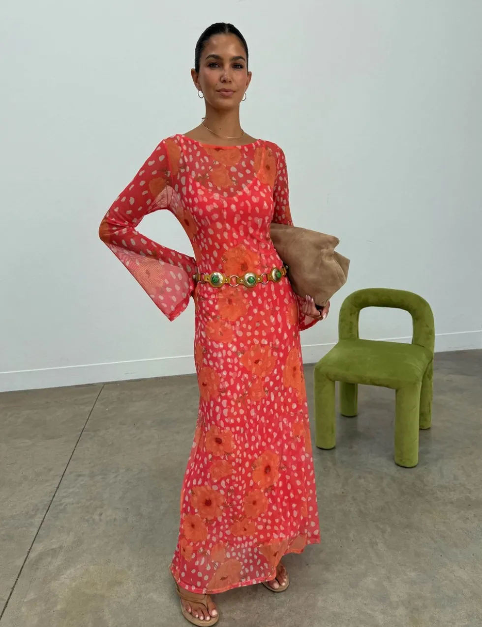 Sheer Poppy Print Maxi Column Dress