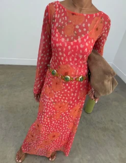 Sheer Poppy Print Maxi Column Dress