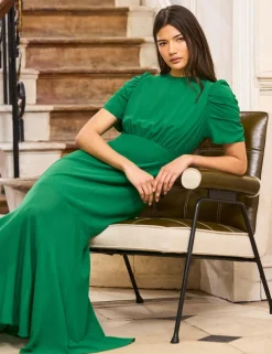 Sheer Skirt Puff Sleeve Maxi Skater Dress