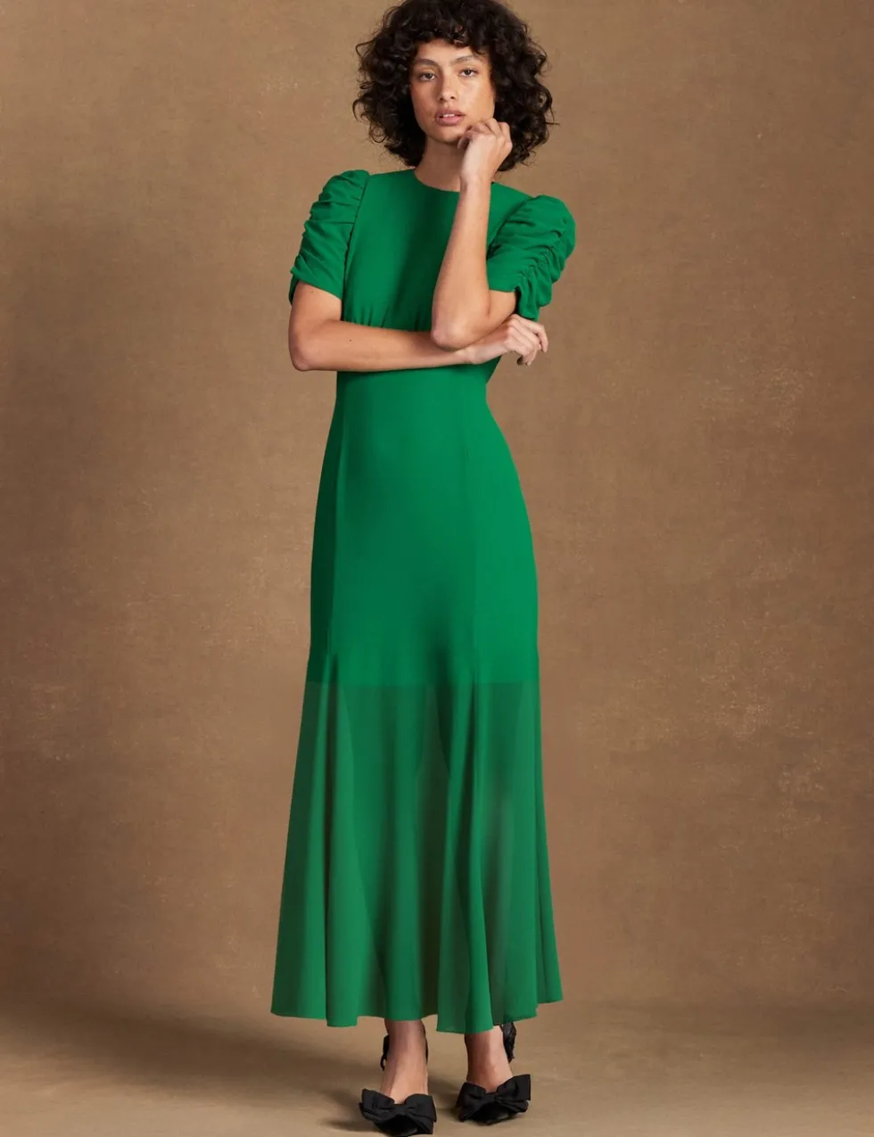 Sheer Skirt Puff Sleeve Maxi Skater Dress