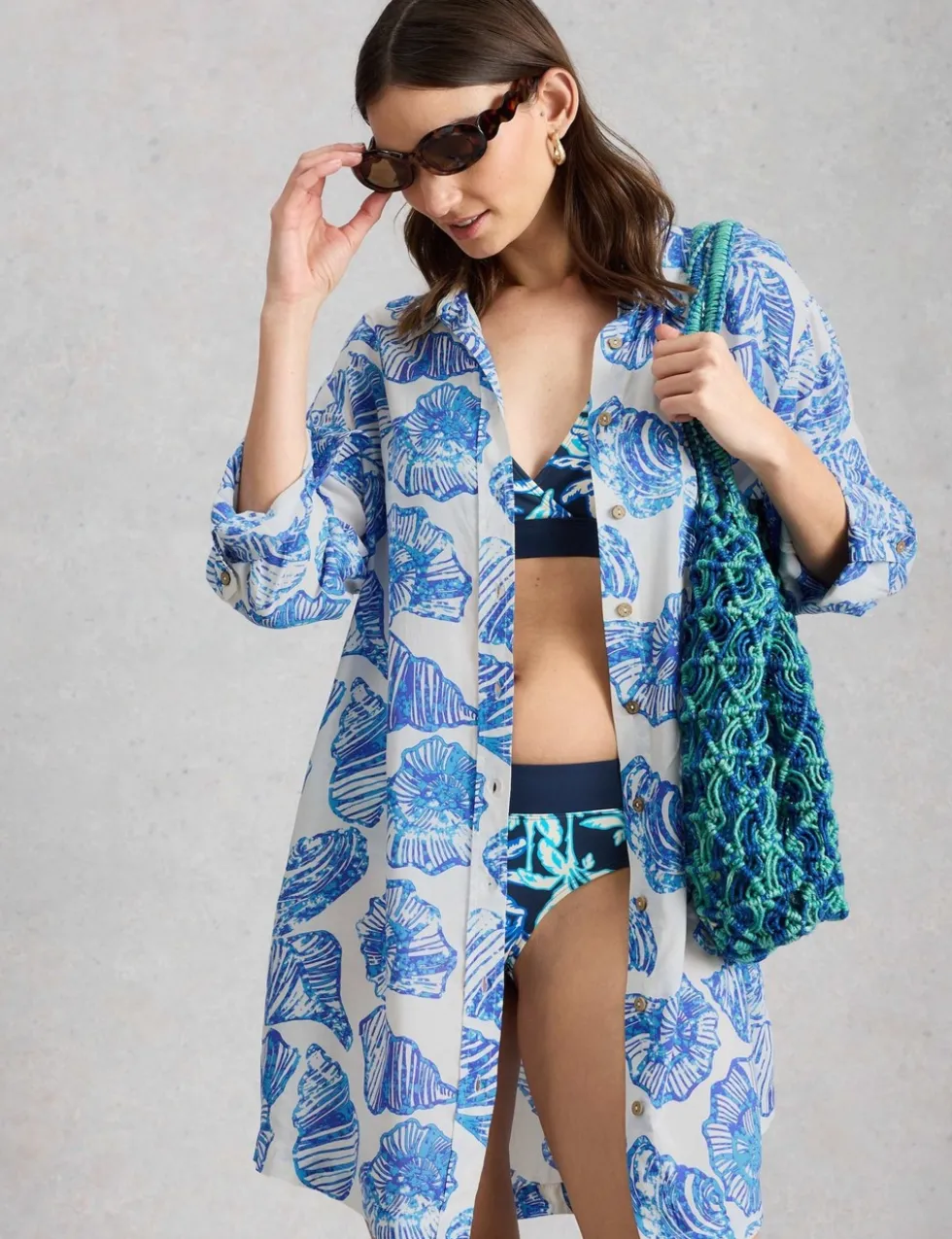 Shell Print Beach Cover Up Shirt