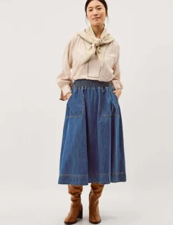 Shirred Denim Midi Skirt