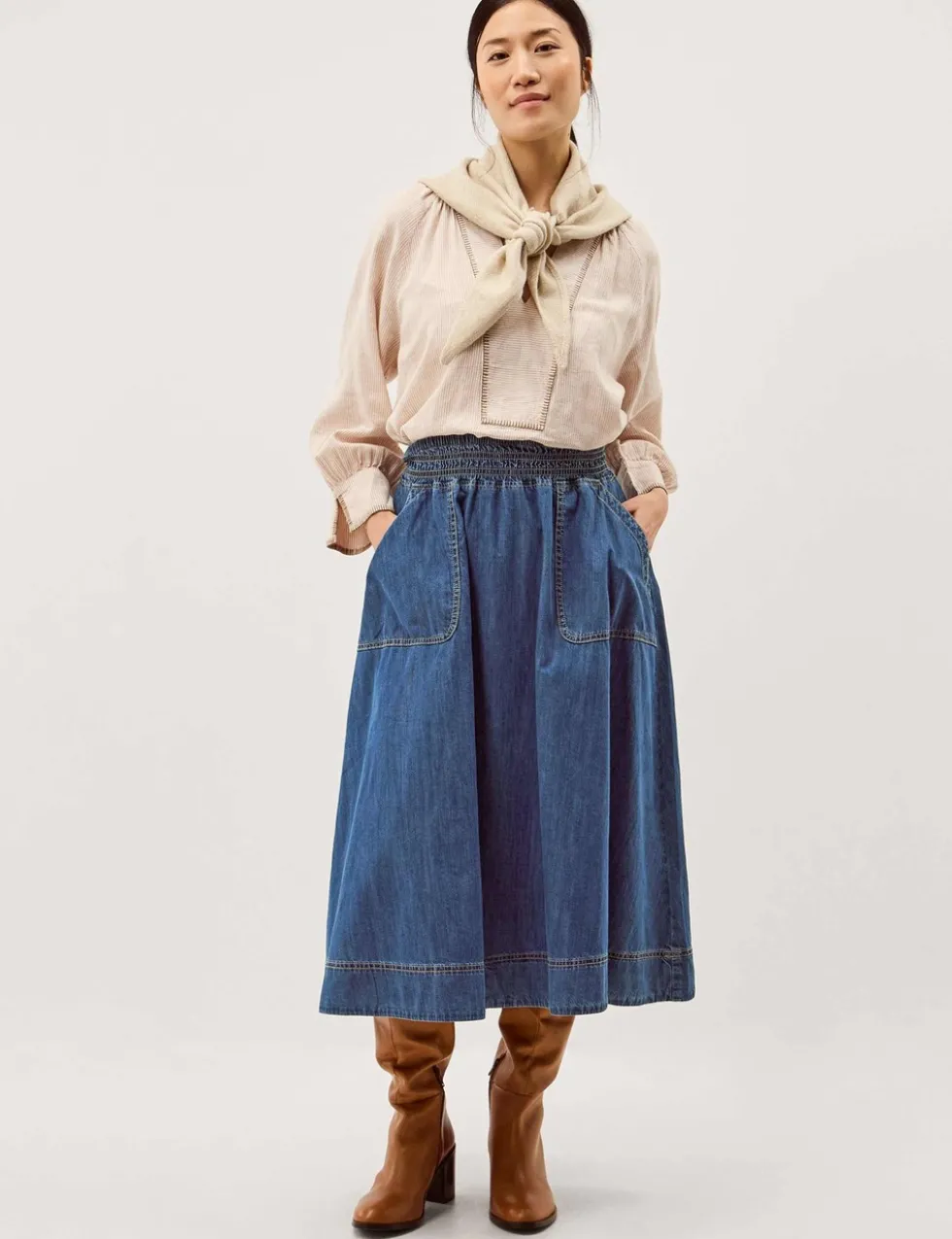 Shirred Denim Midi Skirt