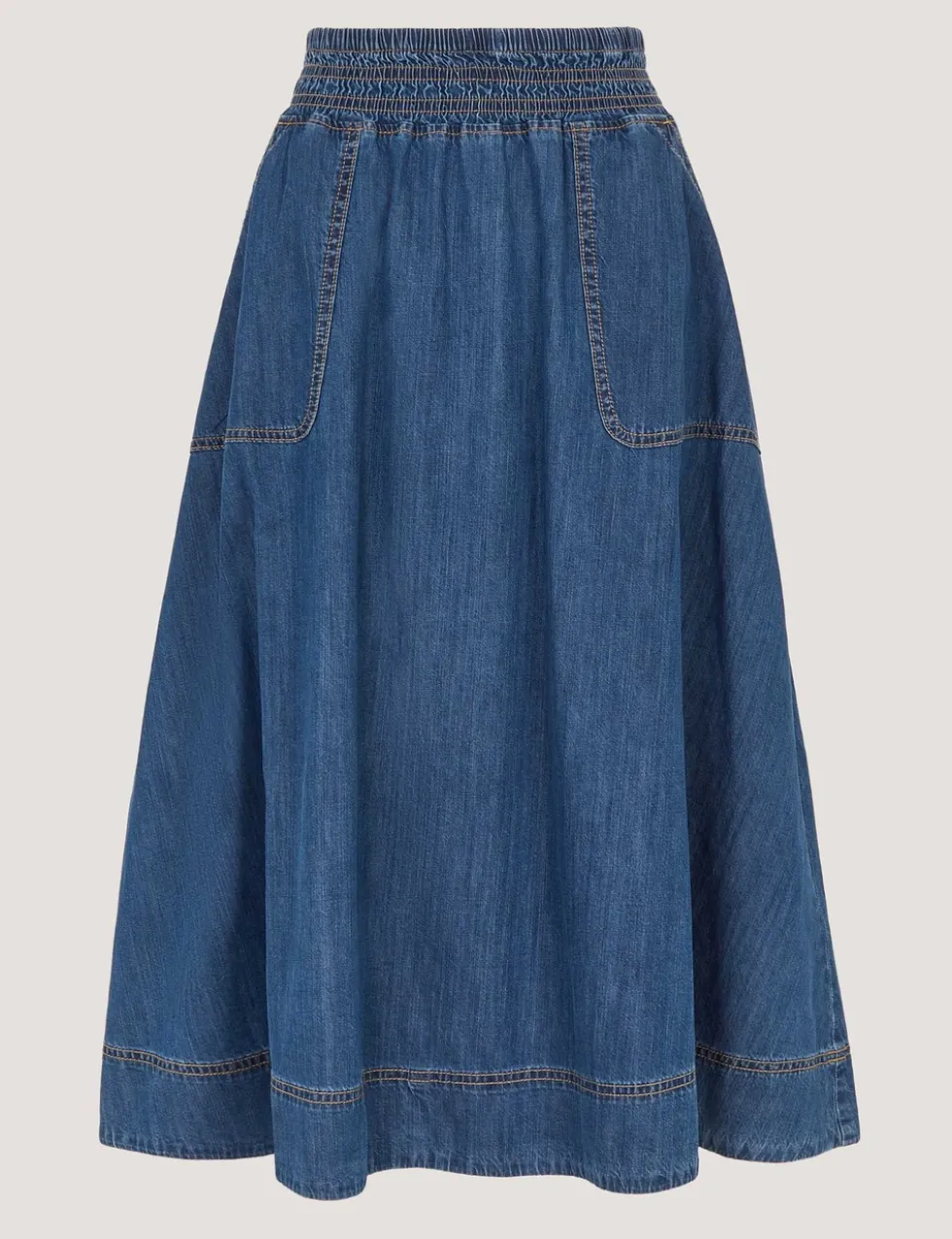 Shirred Denim Midi Skirt