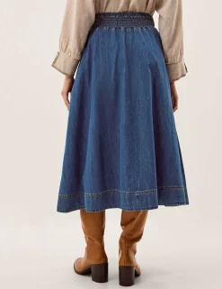 Shirred Denim Midi Skirt