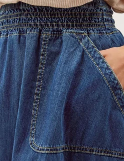 Shirred Denim Midi Skirt