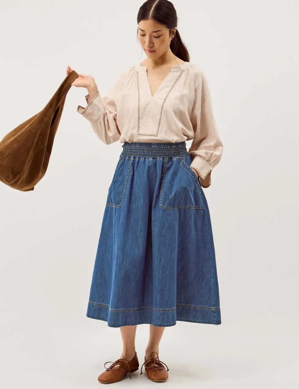 Shirred Denim Midi Skirt