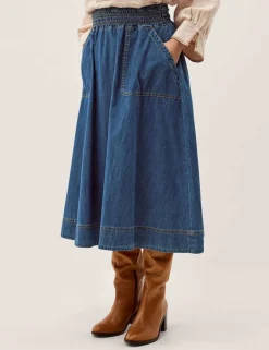 Shirred Denim Midi Skirt