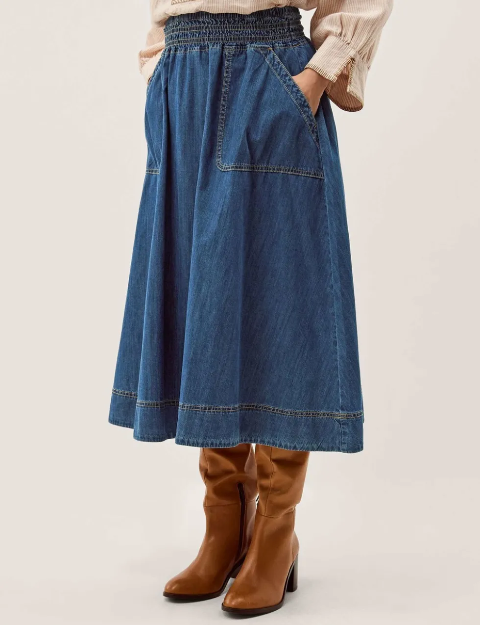 Shirred Denim Midi Skirt