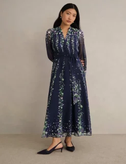 Silk Floral V-Neck Maxi Wrap Dress