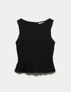 Slash Neck Shirred Top with Linen