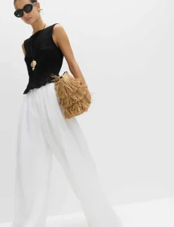 Slash Neck Shirred Top with Linen