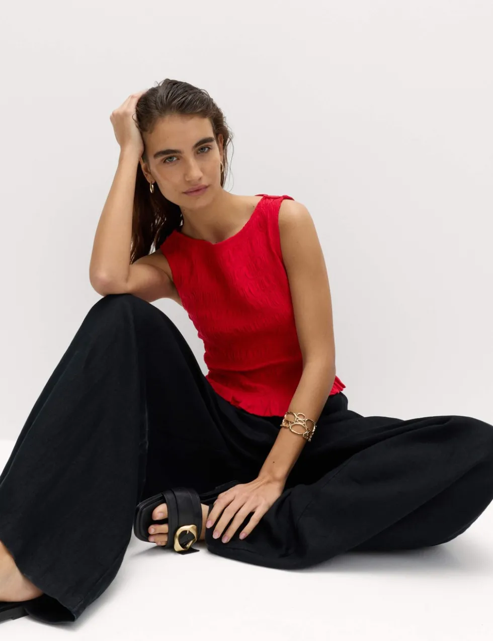 Slash Neck Shirred Top with Linen