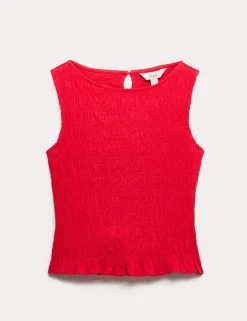 Slash Neck Shirred Top with Linen