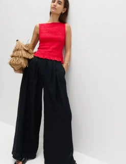Slash Neck Shirred Top with Linen