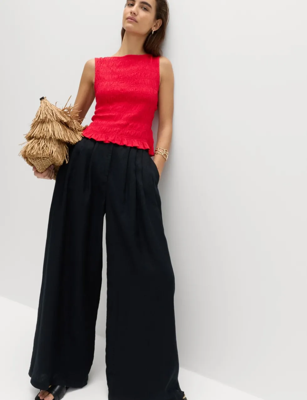 Slash Neck Shirred Top with Linen