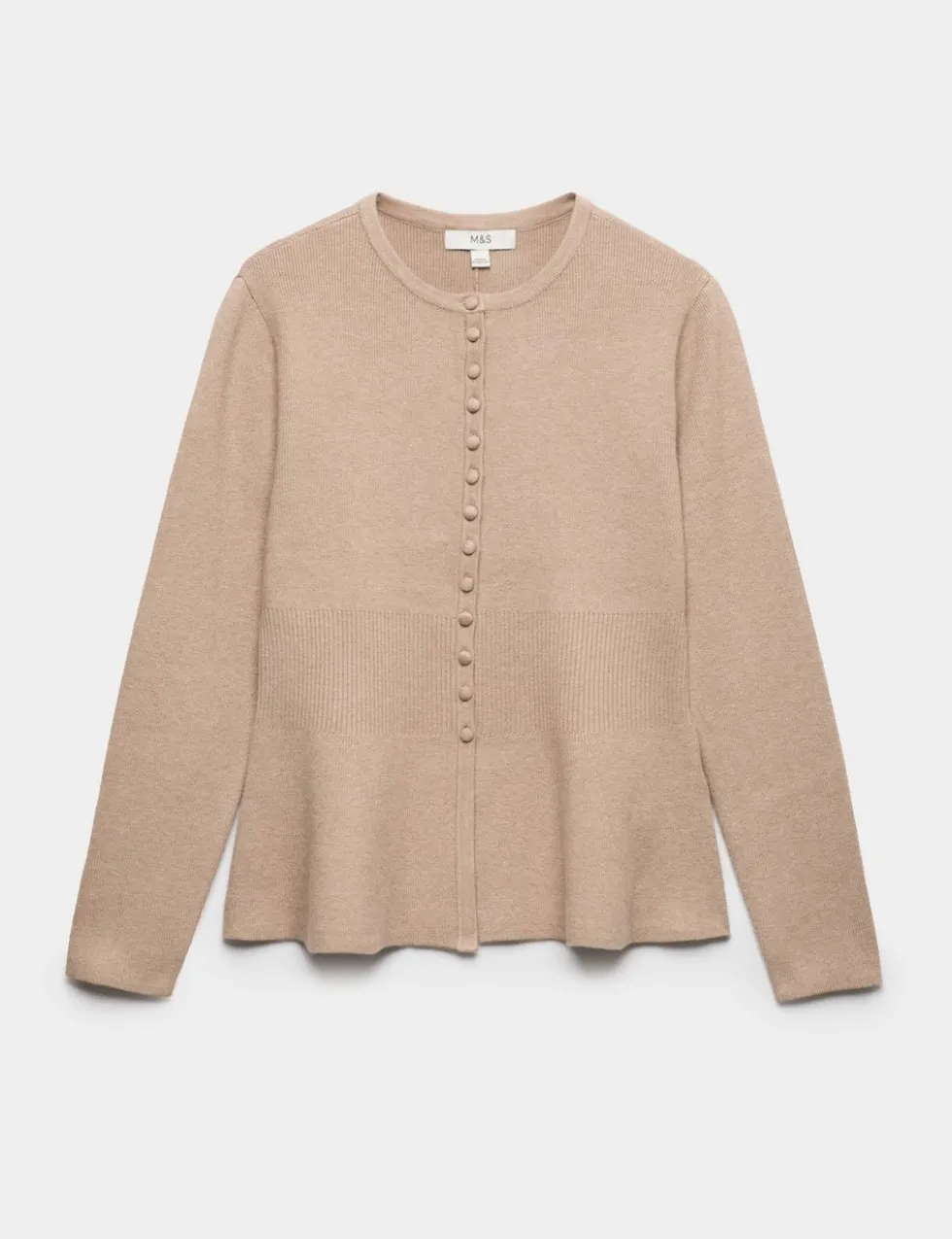 Soft Touch Crew Neck Peplum Fitted Cardigan