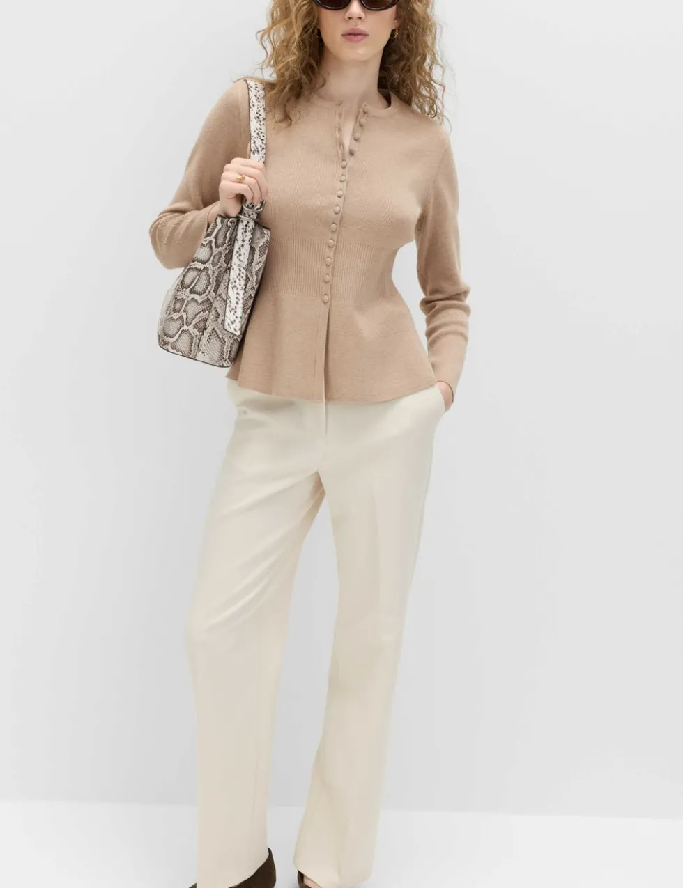 Soft Touch Crew Neck Peplum Fitted Cardigan