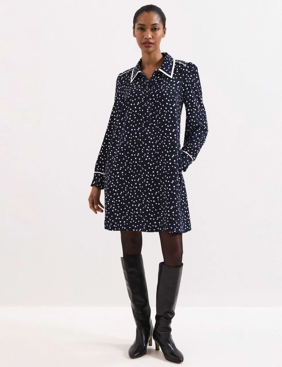Spot Print Collared Mini Shirt Dress