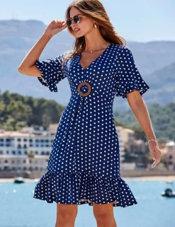 Spot Print Hoop Detail Mini Smock Dress