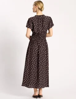 Spot Print Ruffle Midi Waisted Dress