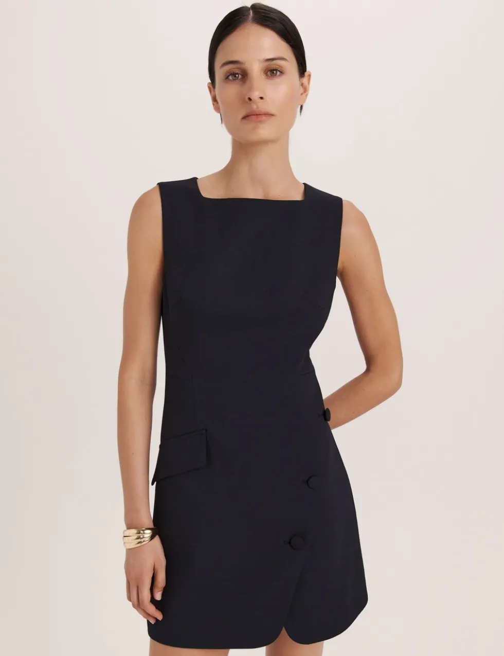 Square Neck Button Feature Mini Shift Dress