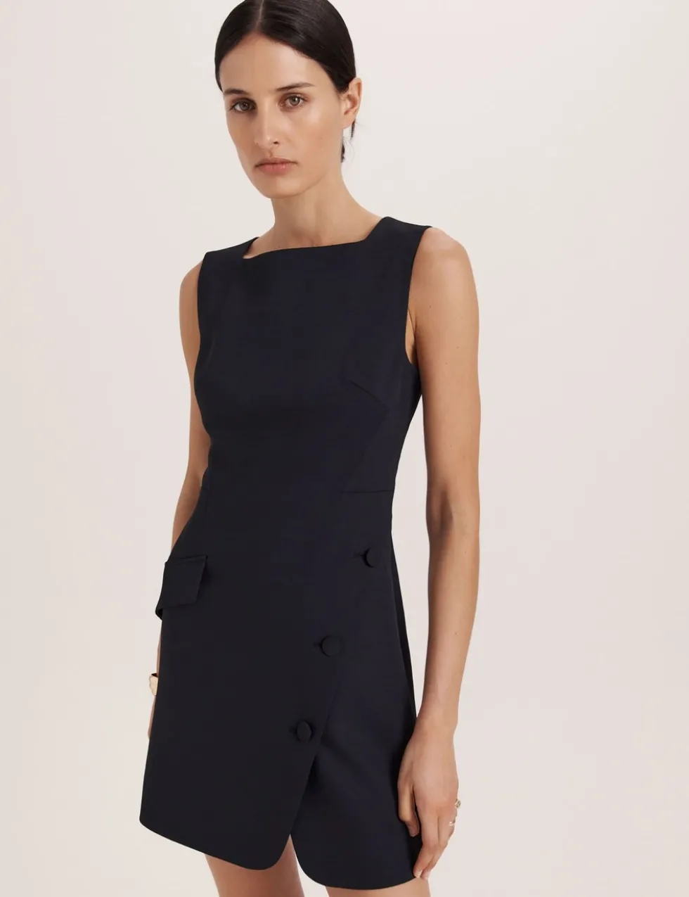 Square Neck Button Feature Mini Shift Dress