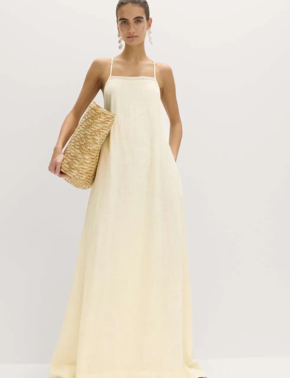 Square Neck Lace Insert Maxi Shift Dress with Linen