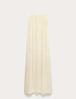 Square Neck Lace Insert Maxi Shift Dress with Linen