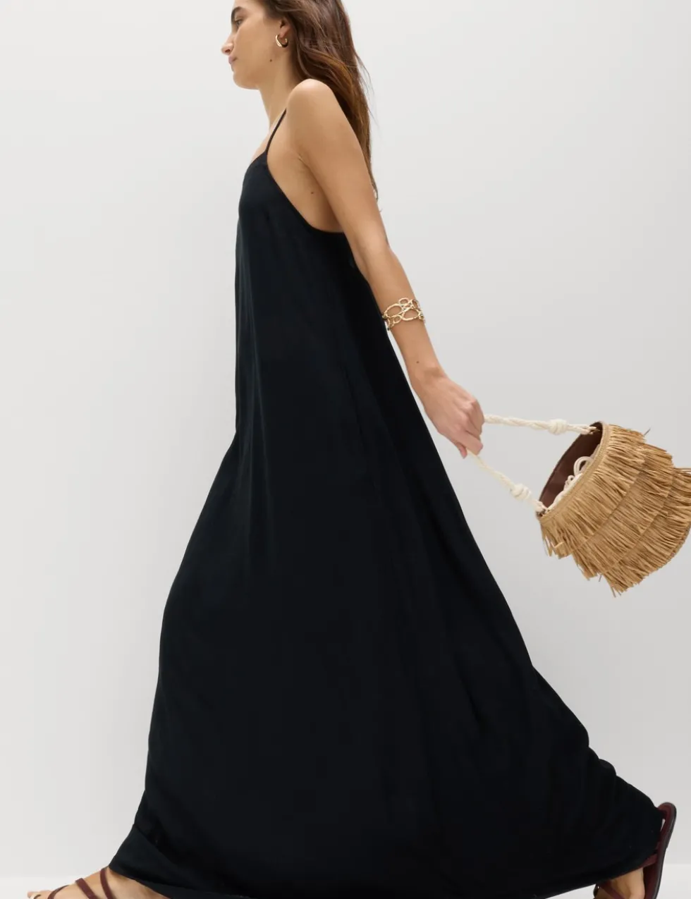 Square Neck Lace Insert Maxi Shift Dress with Linen