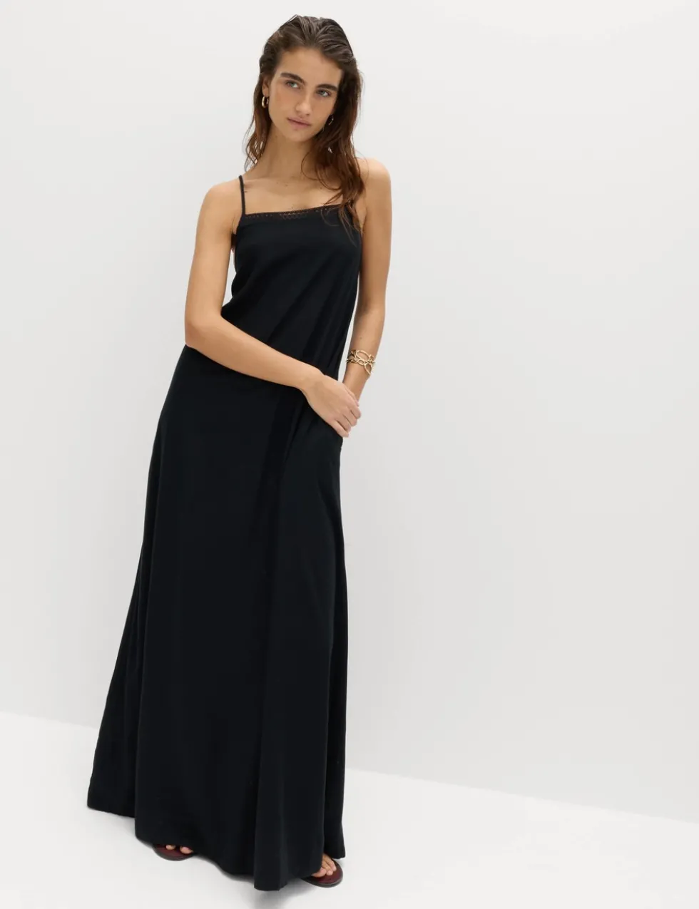 Square Neck Lace Insert Maxi Shift Dress with Linen