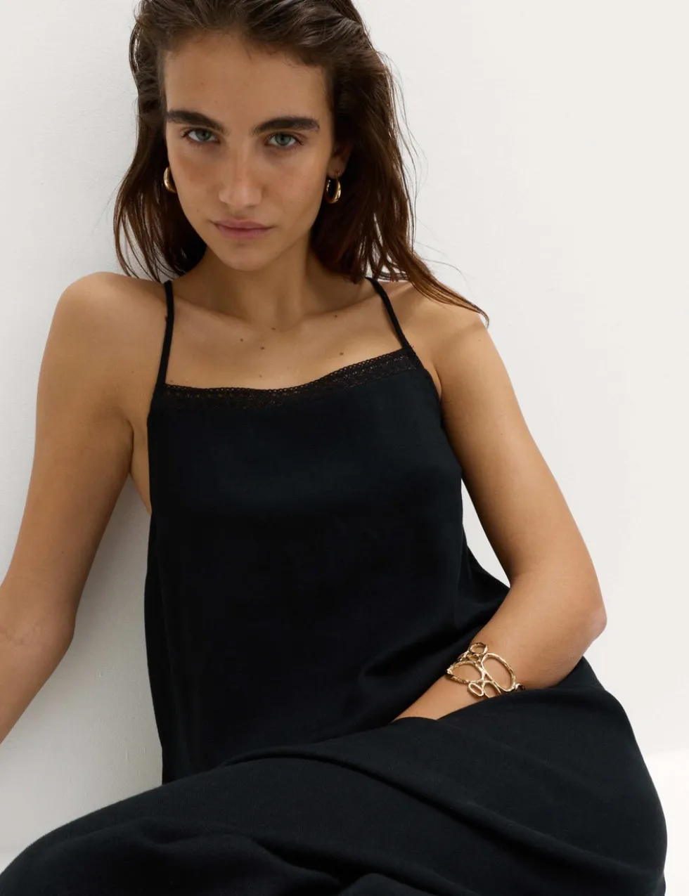 Square Neck Lace Insert Maxi Shift Dress with Linen