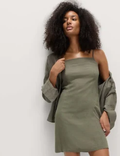 Square Neck Mini Shift Dress with Linen
