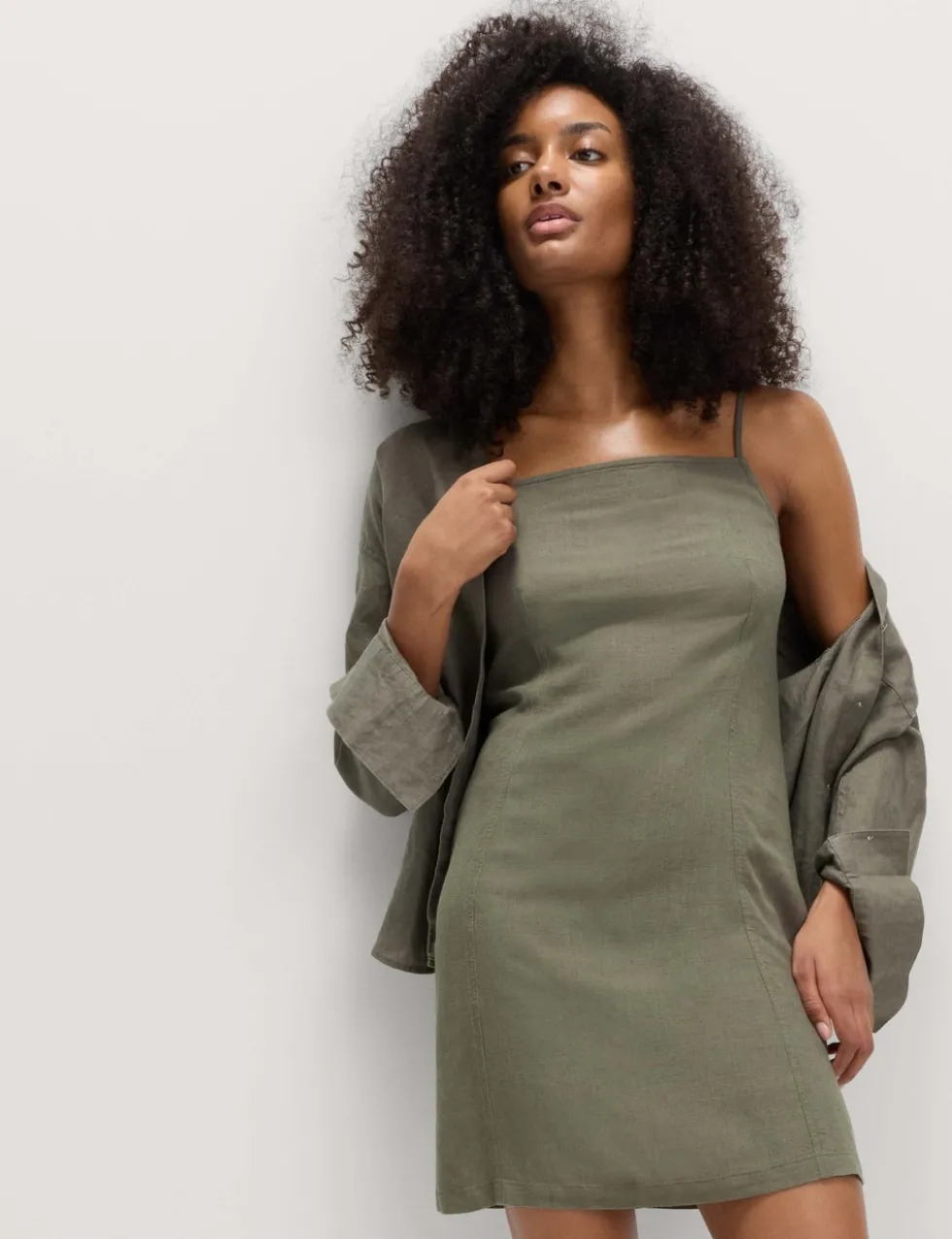 Square Neck Mini Shift Dress with Linen