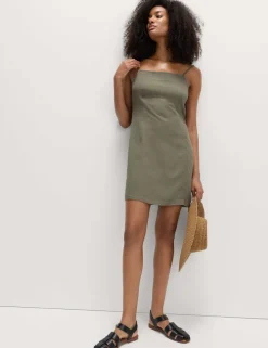Square Neck Mini Shift Dress with Linen