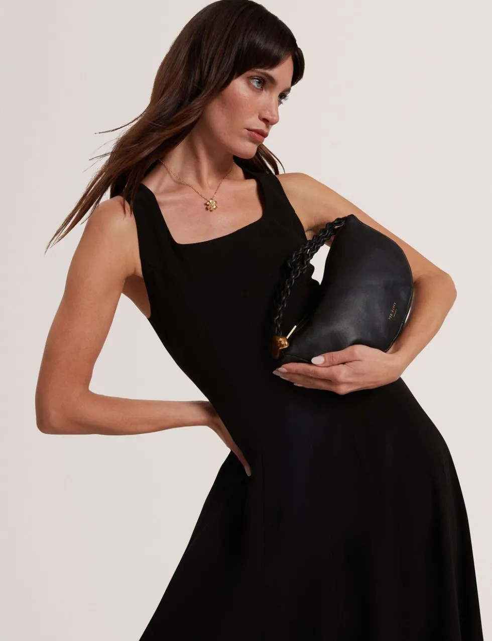 Square Neck Pleated Midi Skater Dress