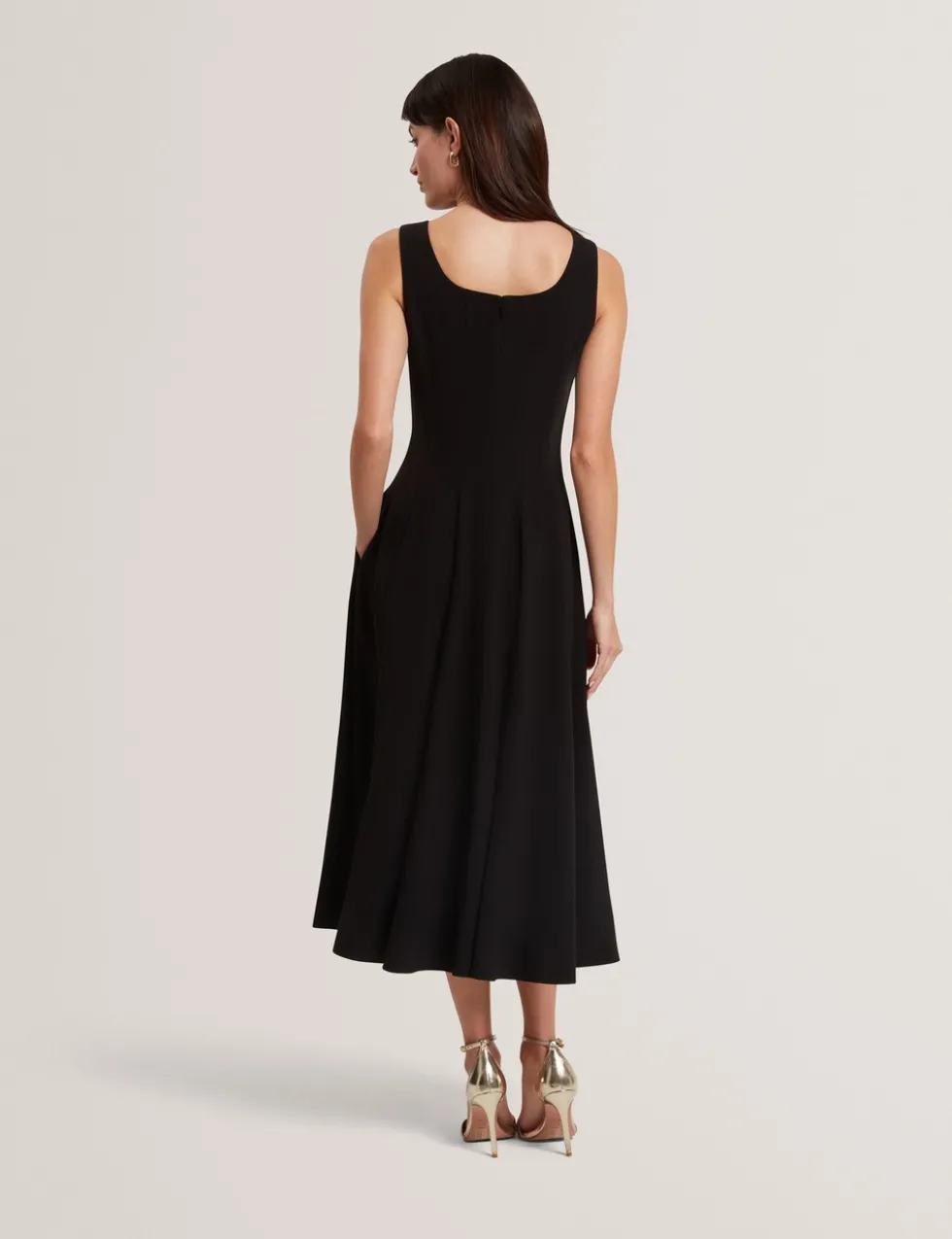 Square Neck Pleated Midi Skater Dress