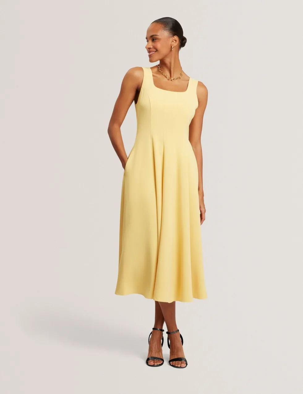 Square Neck Pleated Midi Skater Dress