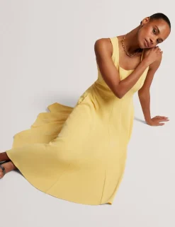 Square Neck Pleated Midi Skater Dress