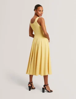 Square Neck Pleated Midi Skater Dress