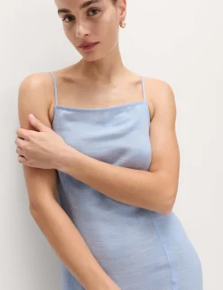 Square Neck Strappy Maxi Shift Dress with Linen