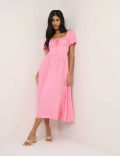 Square Neck Tie Front Midi Skater Dress