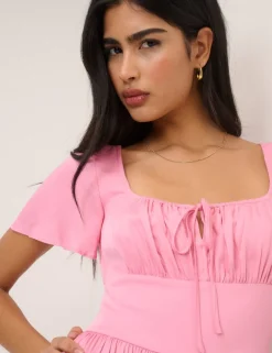 Square Neck Tie Front Midi Skater Dress