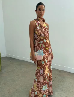 Star Print Cowl Neck Maxi Column Dress